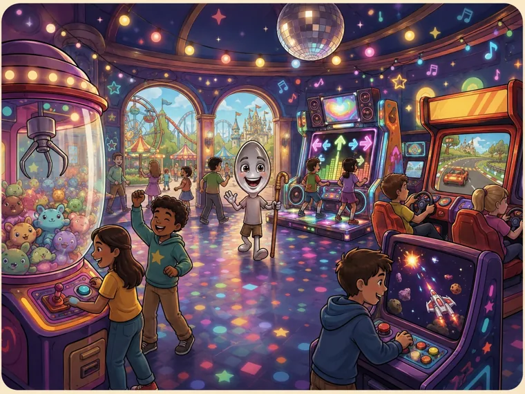 A colorful arcade interior with claw machines and a dance floor