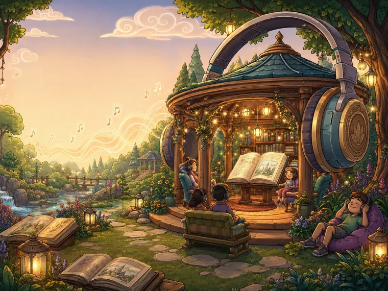 A cozy gazebo shaped like giant headphones where people listen to stories