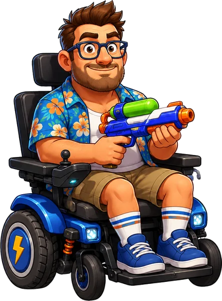 Backup Jerry — a cheerful man in a power wheelchair holding a water gun