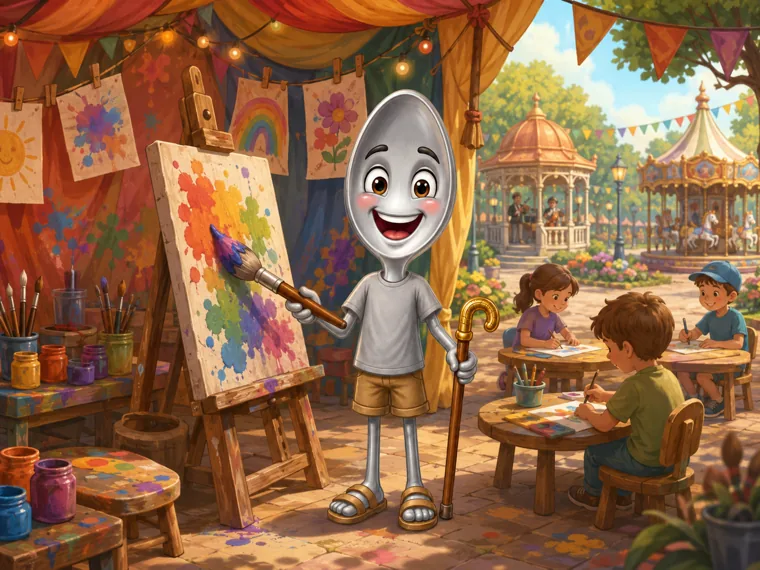 A bright art tent where Sterling paints at an easel with kids