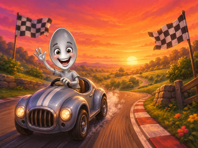 Sterling driving a cartoon car down a winding sunset road