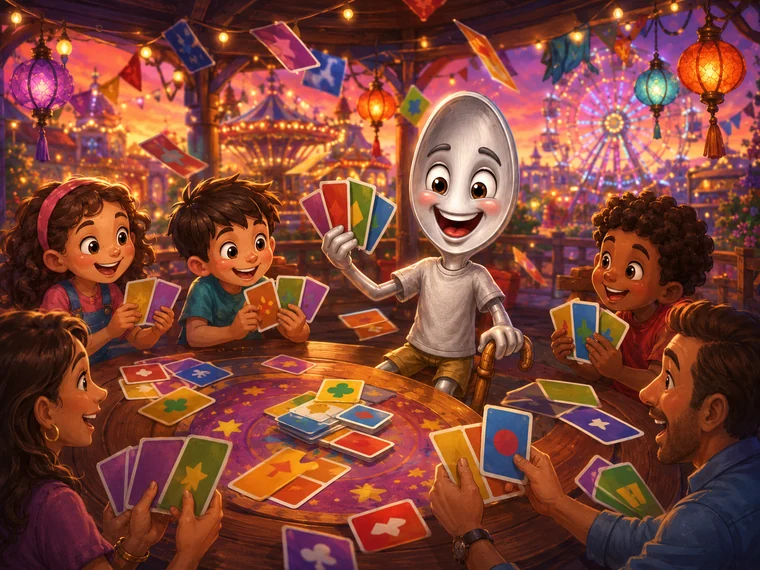 Sterling playing a colorful card game at a festive table with a happy family at a fairground