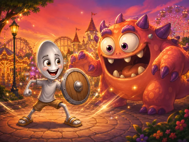Sterling with a shield facing a big friendly cartoon monster at a fairground