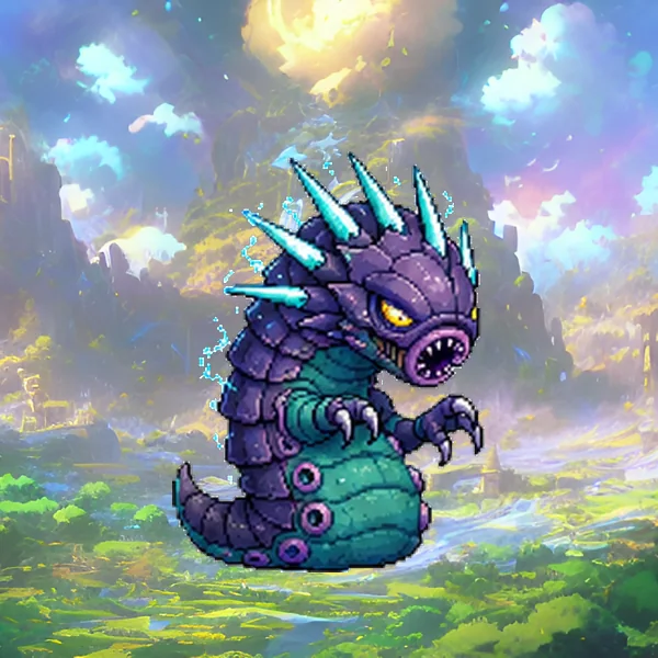 A spiked purple-and-teal monster rising from a misty fantasy valley at dawn