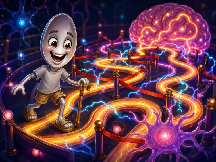 A glowing neon nerve maze with a brain, Sterling navigating it