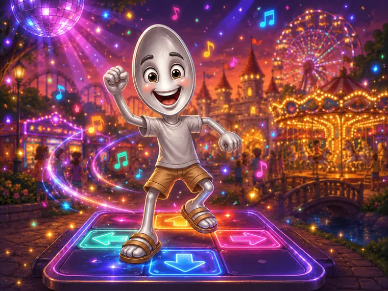 Sterling dancing on a glowing rhythm pad with neon arrows