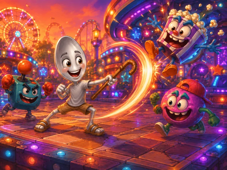 Sterling wielding a glowing cane, battling cartoon snack characters on an arcade dance floor