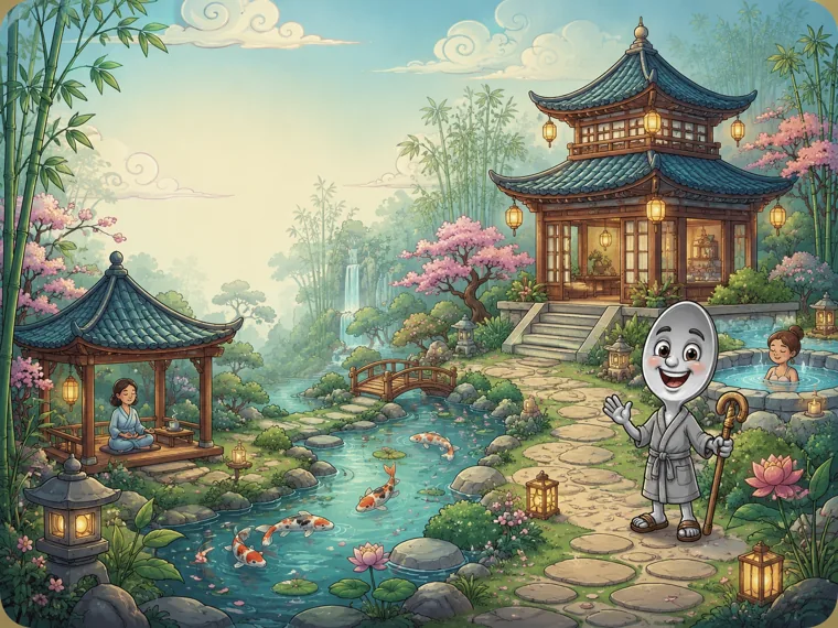 A peaceful koi-pond garden with Sterling in a robe by a pagoda