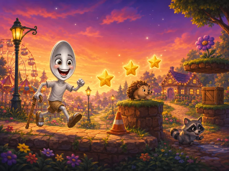Sterling running along a stone path at sunset, collecting stars, with a fairground and cottage behind