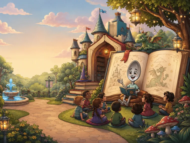 A giant open storybook with a friendly dragon, Sterling reading to children