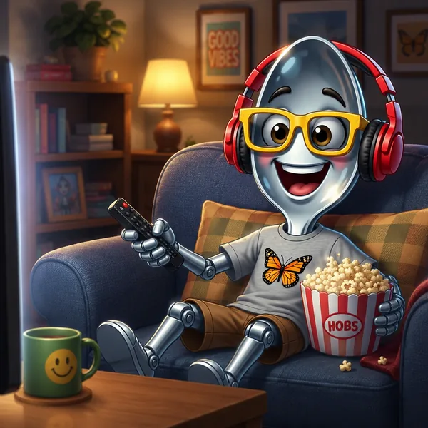 Sterling the spoon on a couch in headphones and yellow glasses, holding a TV remote with popcorn