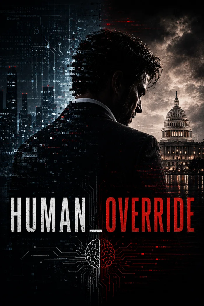 Human Override — a man's silhouette dissolving into digital code beside the U.S. Capitol