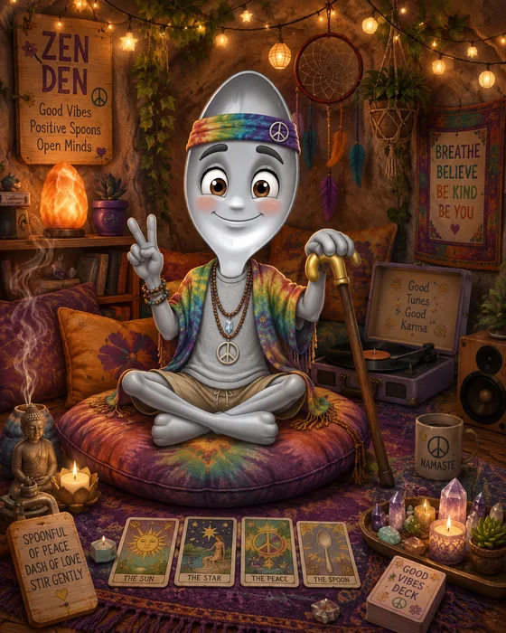 Sterling, a smiling spoon in tie-dye, flashing a peace sign in his Zen Den