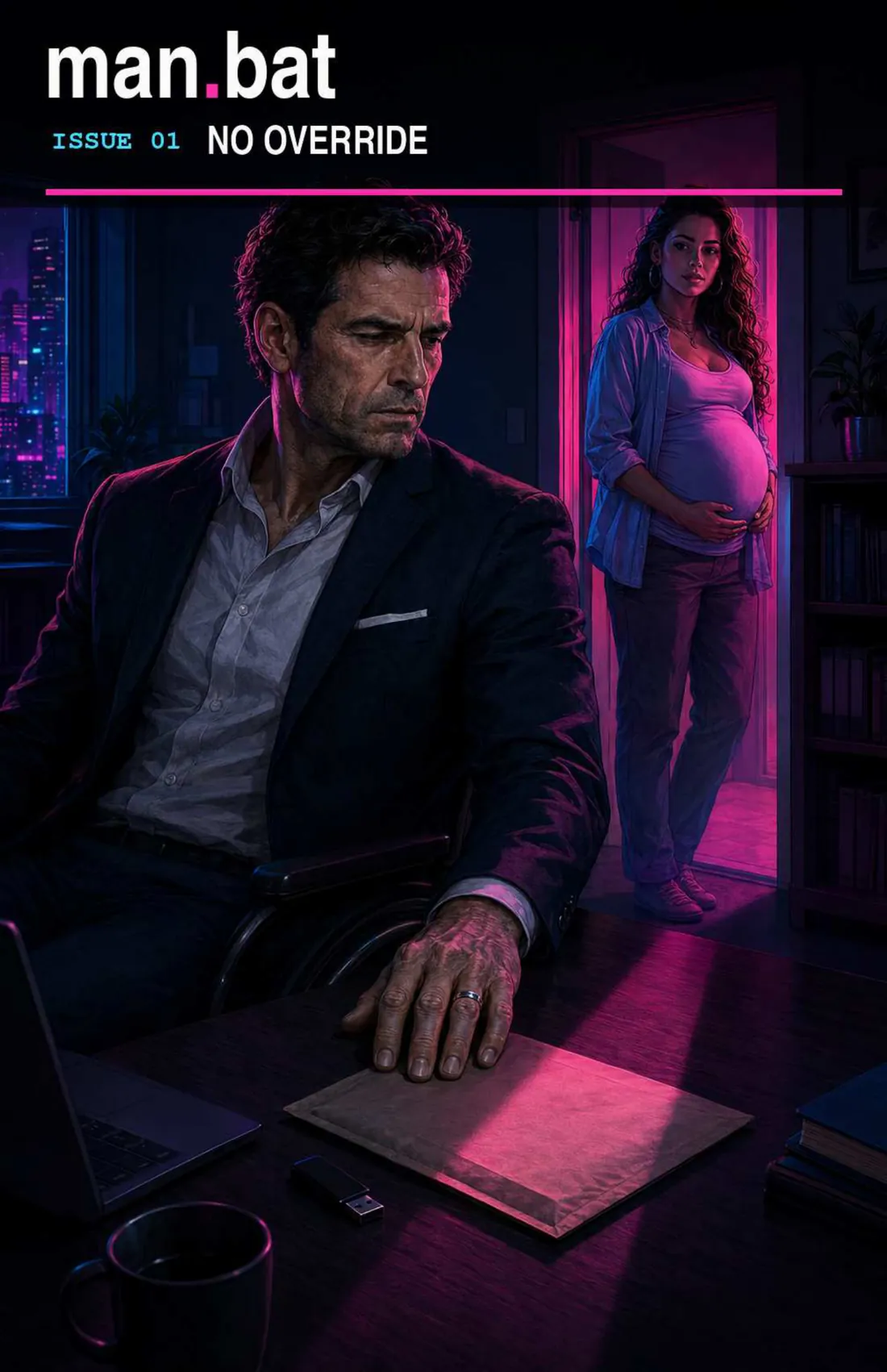 Cover. man.bat, Issue 01: No Override. John sits at a desk at night in a neon-lit apartment, one hand flat on a padded envelope beside a USB drive. In the doorway behind him, Maya stands backlit in pink, one hand resting on her pregnant belly.
