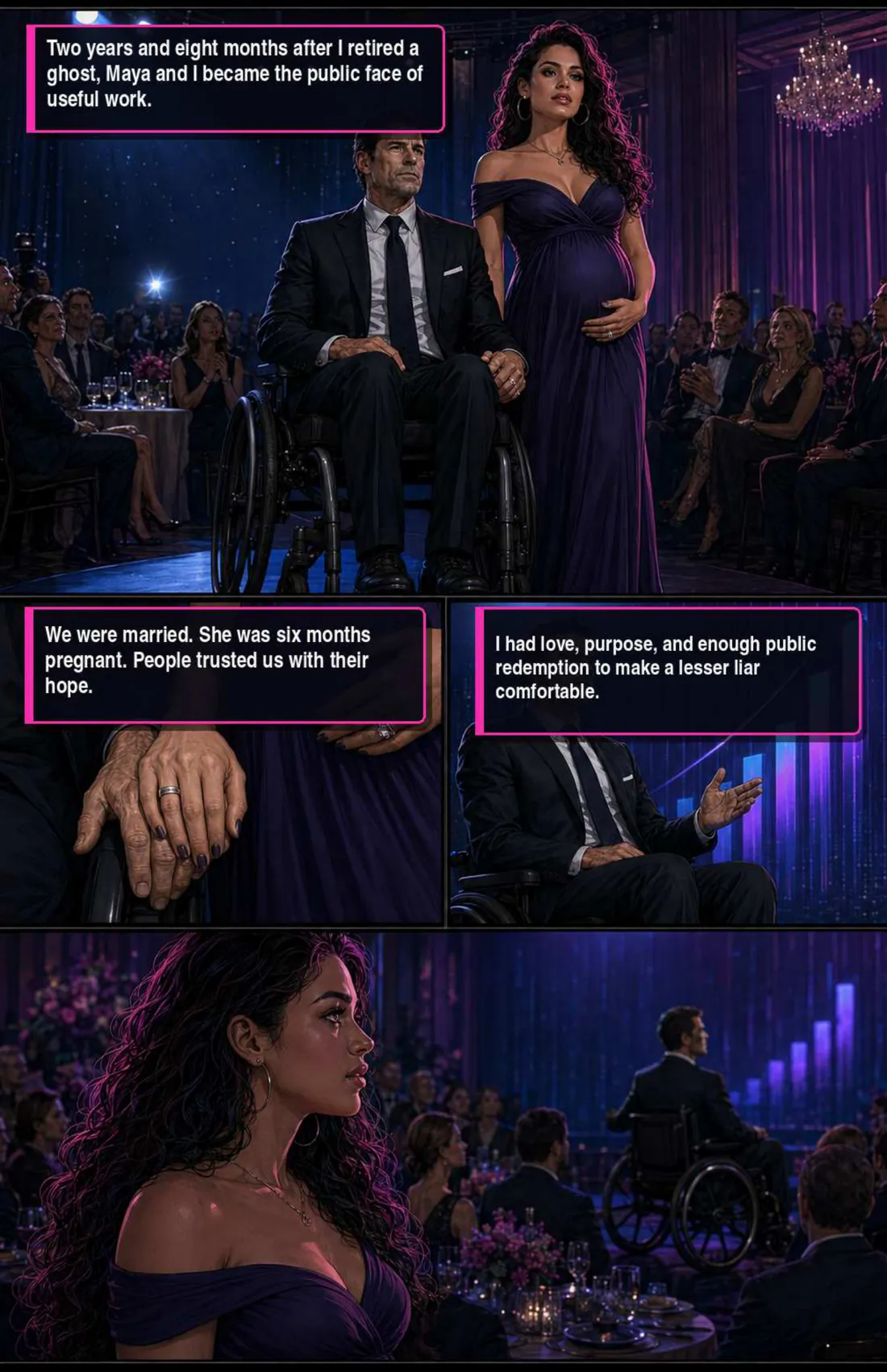 A charity gala. John, in his wheelchair, and Maya, pregnant in a purple gown, are the centre of the room. Captions: two years and eight months after he retired a ghost, they became the public face of useful work; they married; people trusted them with their hope.