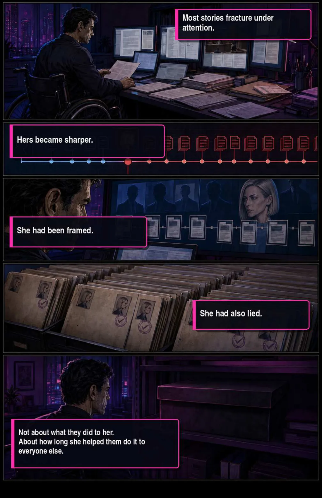 John works a desk of monitors and paper. Captions: most stories fracture under attention, but hers became sharper. She had been framed. She had also lied — not about what they did to her, but about how long she helped them do it to everyone else.