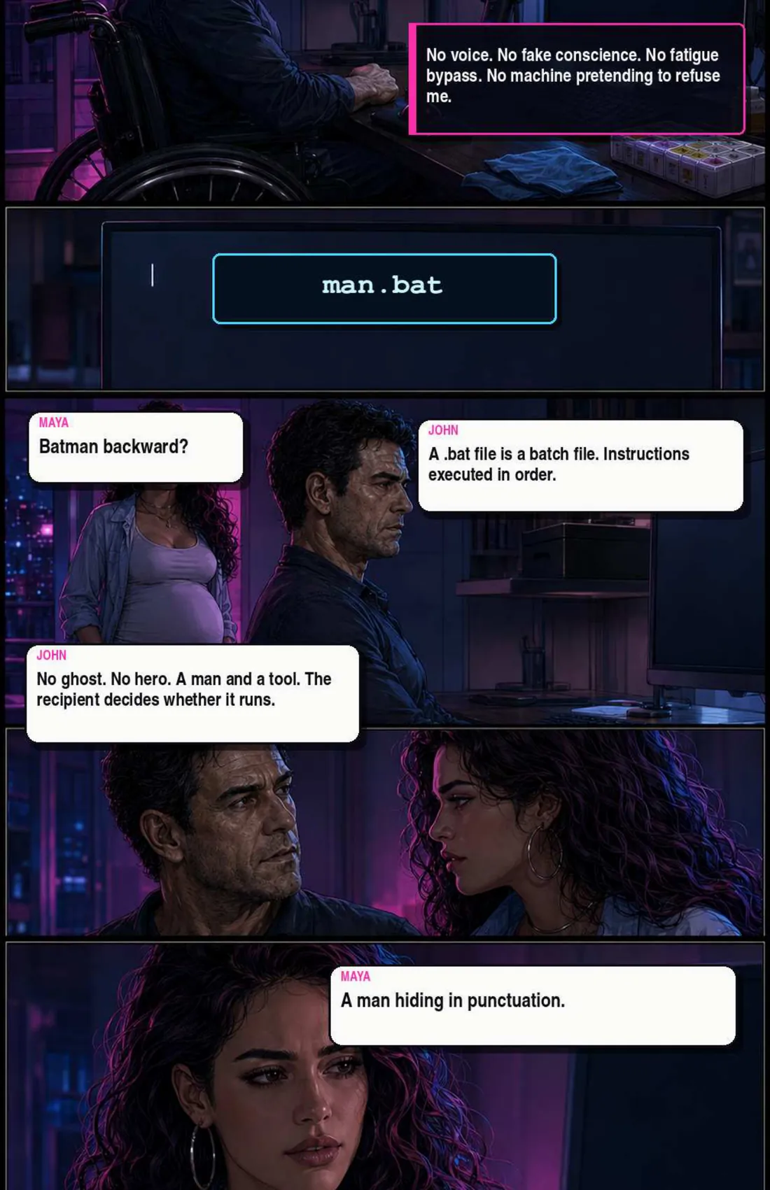 A terminal window reads man.bat. Maya: “Batman backward?” John: “A .bat file is a batch file. Instructions executed in order. No ghost. No hero. A man and a tool. The recipient decides whether it runs.” Maya, unconvinced: “A man hiding in punctuation.”