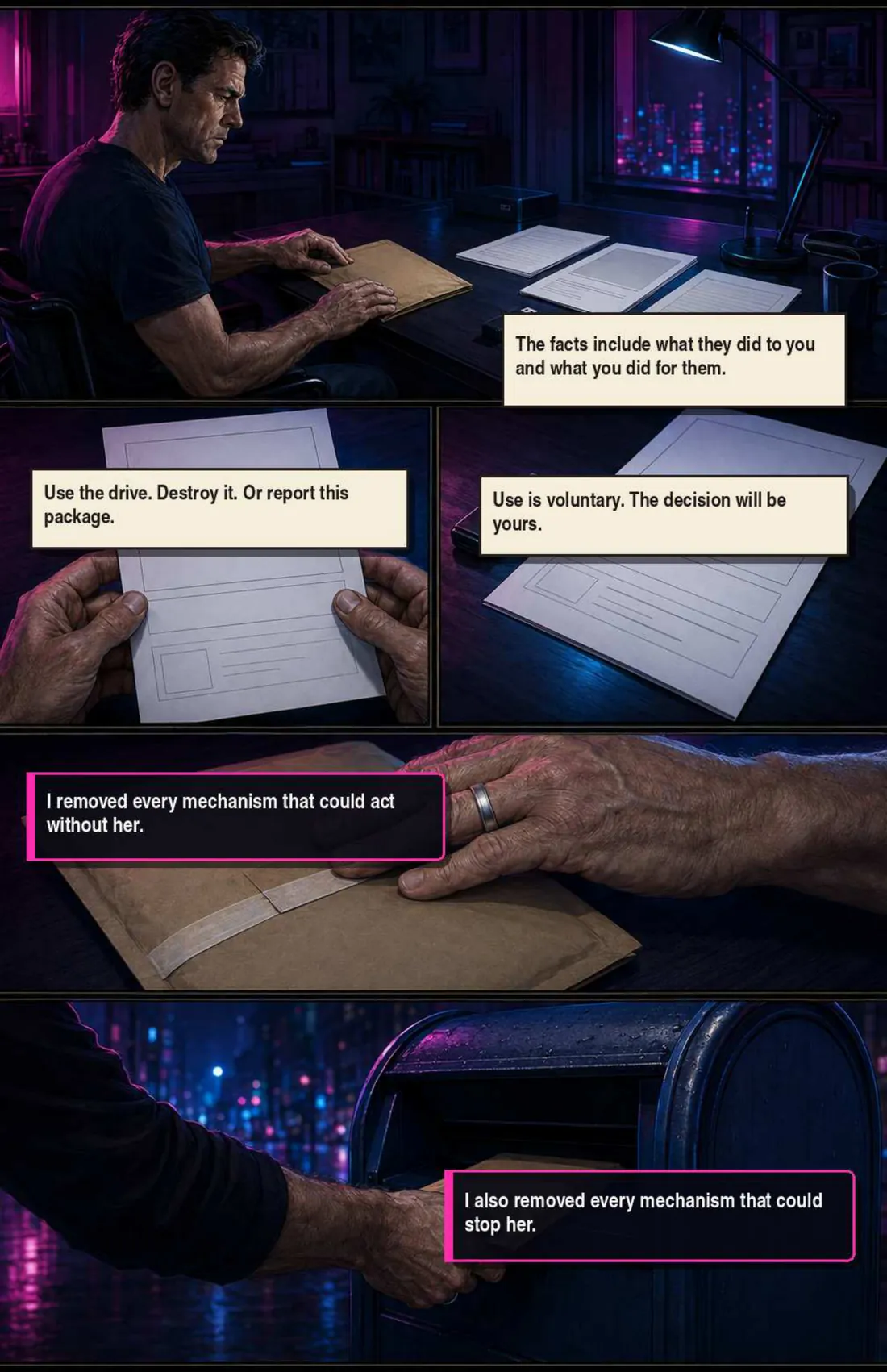 John assembles the package. The enclosed letter reads: the facts include what they did to you and what you did for them; use the drive, destroy it, or report this package; use is voluntary, the decision will be yours. Captions: he removed every mechanism that could act without her — and every mechanism that could stop her. He posts it.