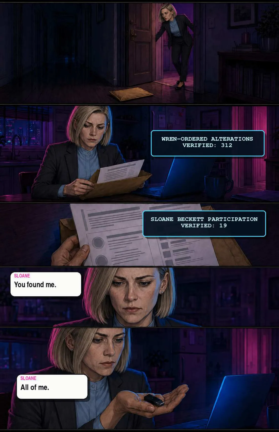 Sloane finds the envelope inside her door and reads. Screens report WREN-ORDERED ALTERATIONS VERIFIED: 312, and SLOANE BECKETT PARTICIPATION VERIFIED: 19. She holds the drive in her palm. “You found me. All of me.”