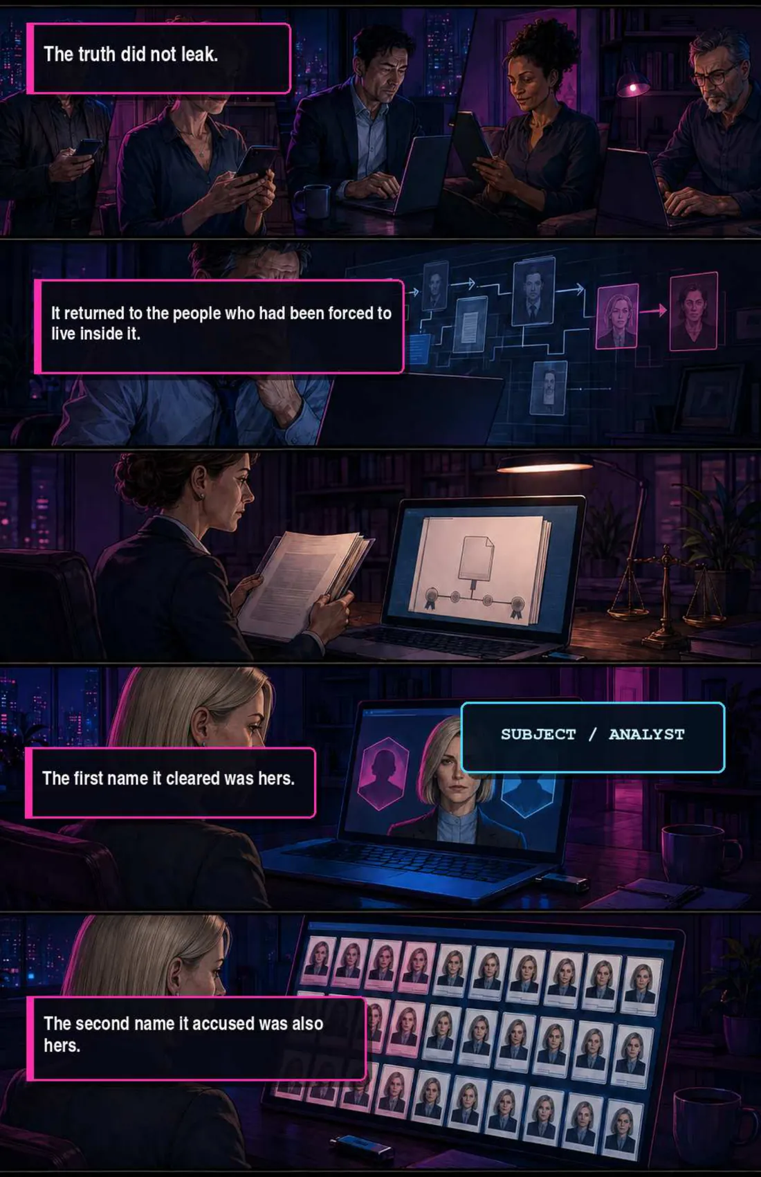 Captions: the truth did not leak, it returned to the people who had been forced to live inside it. People read their own restored files. The first name it cleared was hers. The second name it accused was also hers.