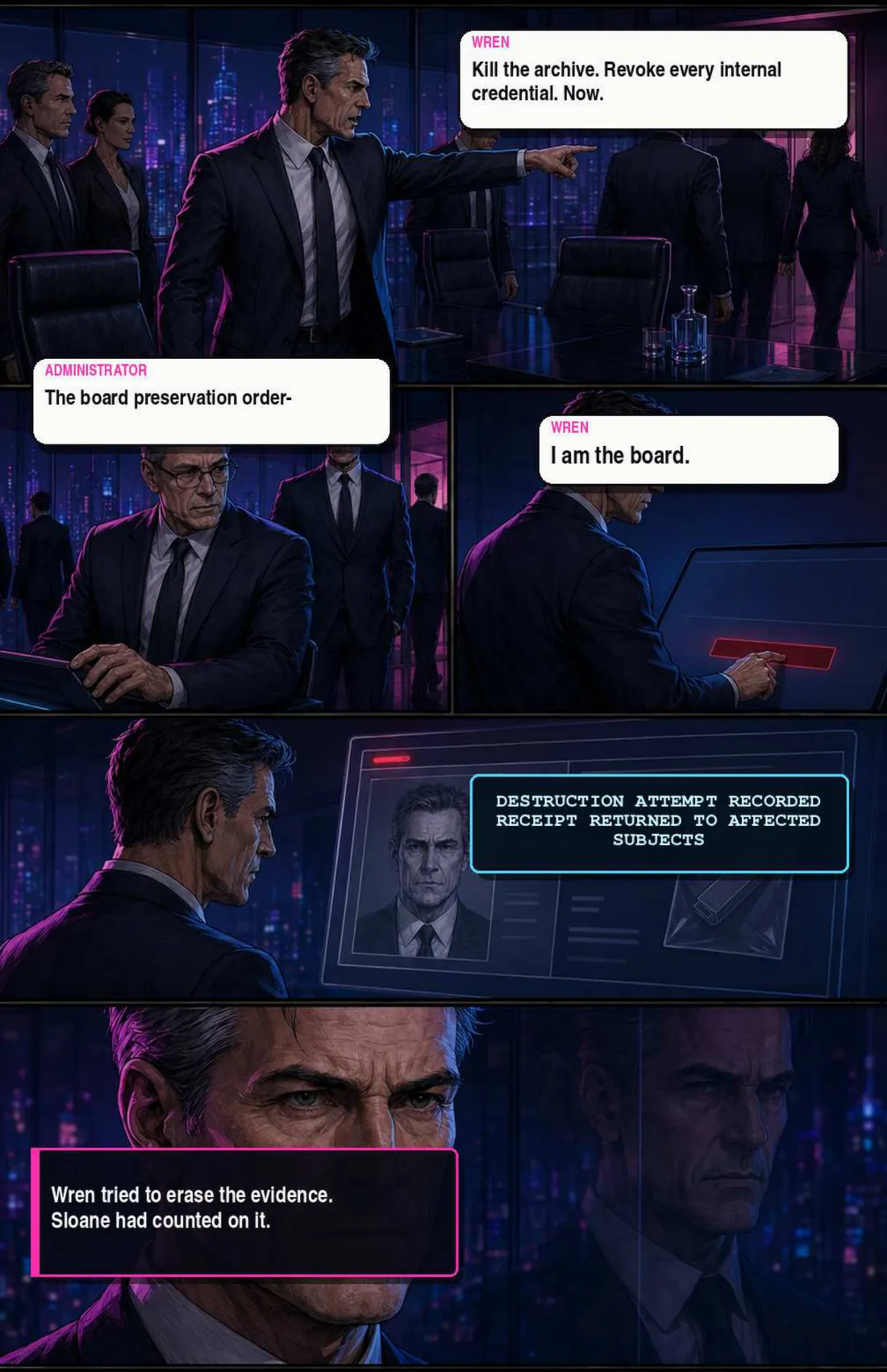 Wren orders the archive killed and every internal credential revoked. An administrator begins, “The board preservation order—” Wren: “I am the board.” The system logs DESTRUCTION ATTEMPT RECORDED, RECEIPT RETURNED TO AFFECTED SUBJECTS. Caption: Wren tried to erase the evidence. Sloane had counted on it.