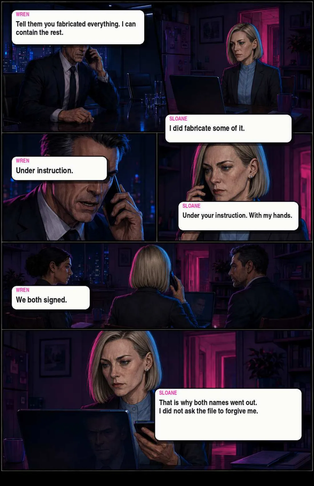 Phone call. Wren: “Tell them you fabricated everything. I can contain the rest.” Sloane: “I did fabricate some of it.” Wren: “Under instruction.” Sloane: “Under your instruction. With my hands.” Wren: “We both signed.” Sloane: “That is why both names went out. I did not ask the file to forgive me.”