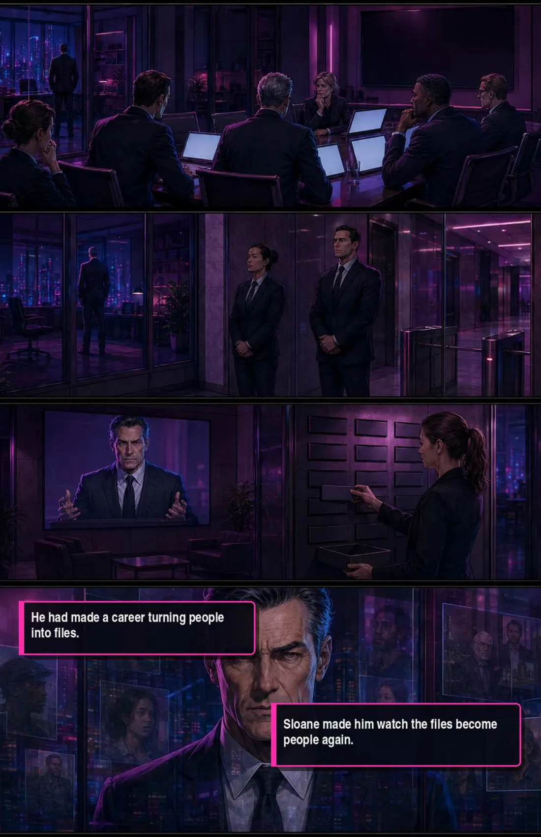 A boardroom turns on Wren; security waits in the corridor; his office is packed into a box. Captions: he had made a career turning people into files. Sloane made him watch the files become people again.