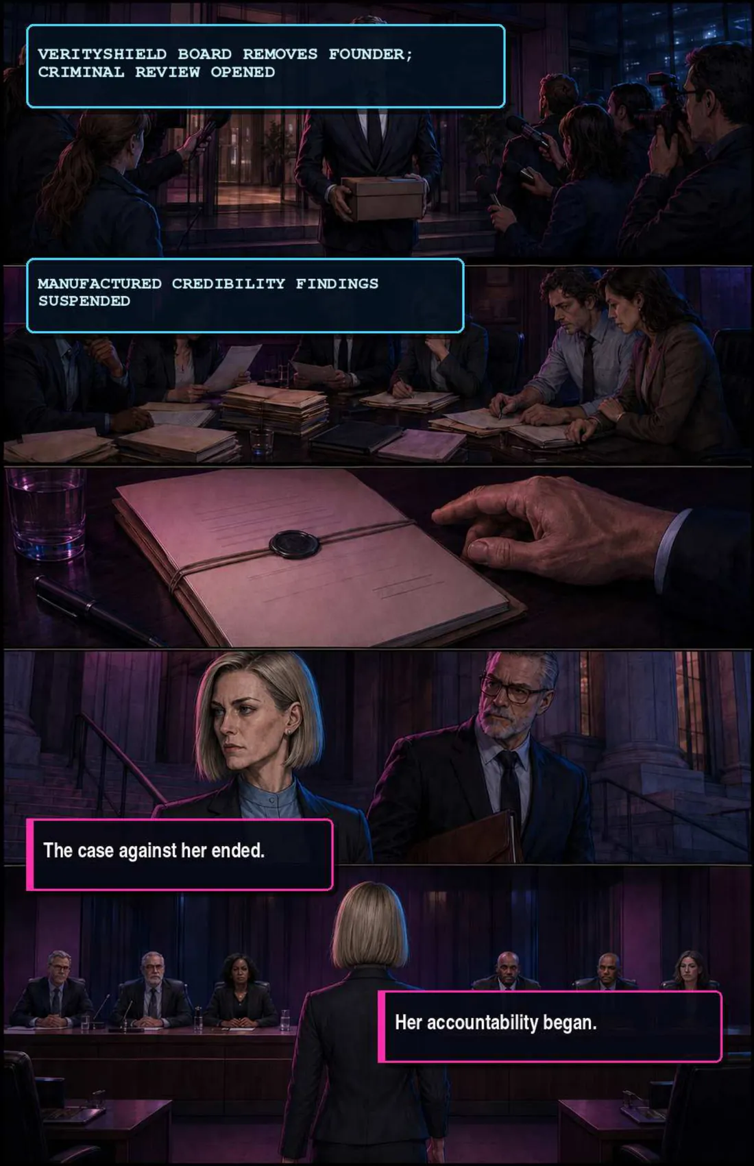 Headlines: VERITYSHIELD BOARD REMOVES FOUNDER, CRIMINAL REVIEW OPENED; MANUFACTURED CREDIBILITY FINDINGS SUSPENDED. Sloane walks into a hearing with her lawyer. Captions: the case against her ended. Her accountability began.