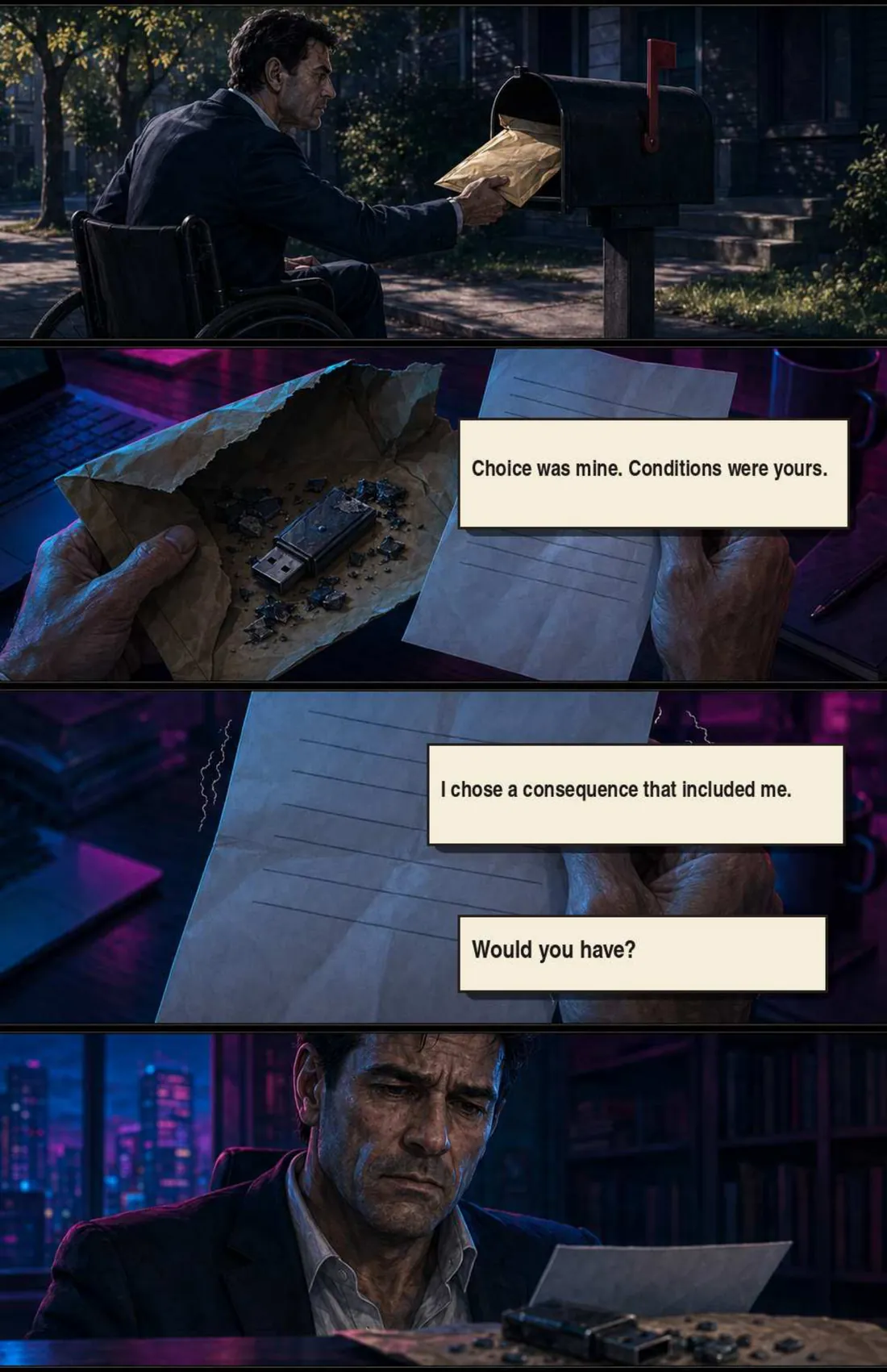 John collects a returned envelope from his mailbox. Inside: the USB drive, smashed, and a handwritten note. “Choice was mine. Conditions were yours. I chose a consequence that included me. Would you have?” He sits with the note, unsettled.