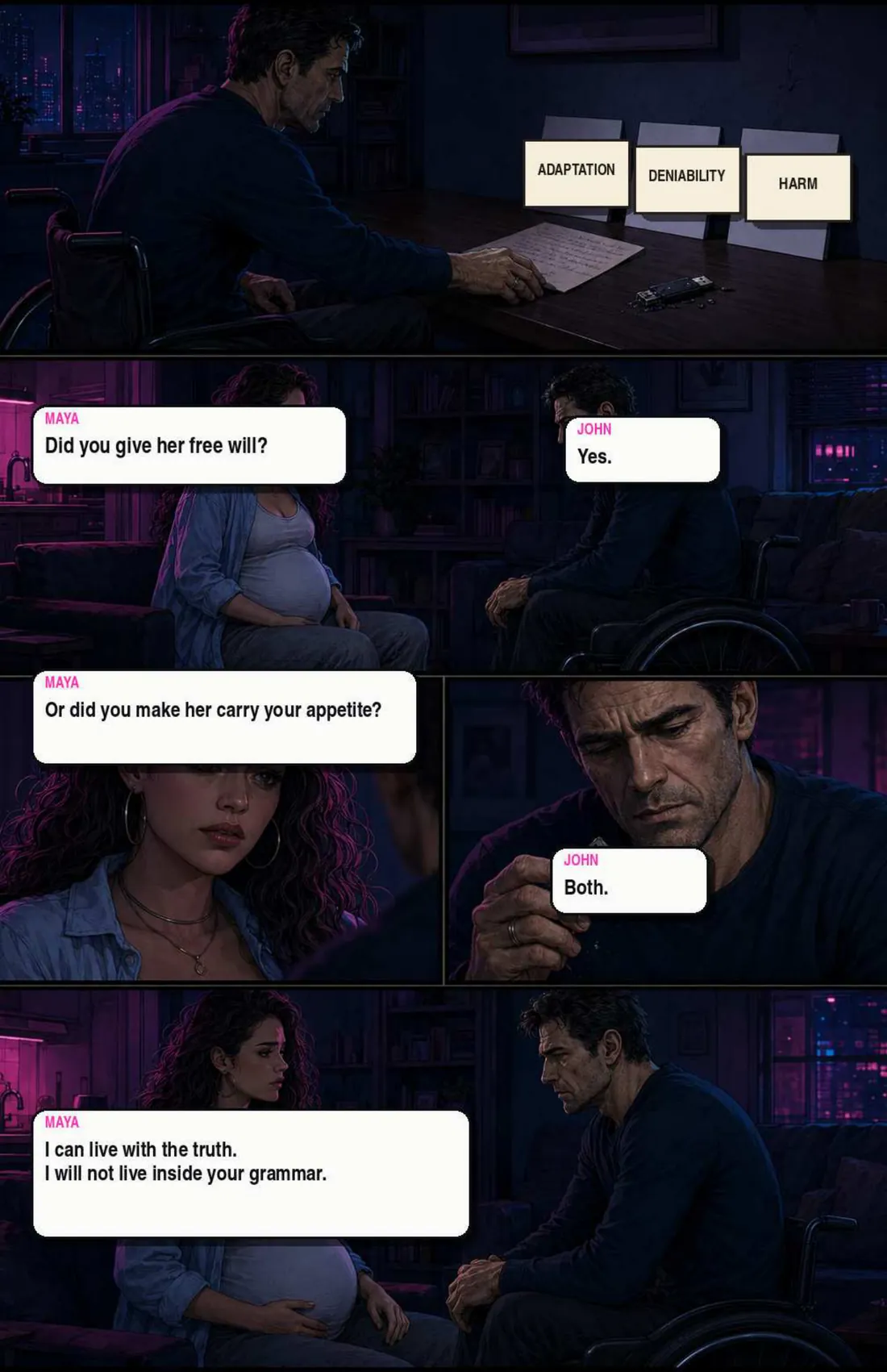 Three cards on the desk: ADAPTATION, DENIABILITY, HARM. Maya: “Did you give her free will?” John: “Yes.” Maya: “Or did you make her carry your appetite?” John: “Both.” Maya: “I can live with the truth. I will not live inside your grammar.”
