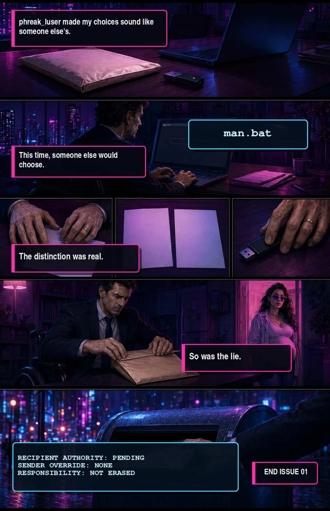 Caption: phreak_luser made my choices sound like someone else's. The terminal reads man.bat again. This time, someone else would choose. The distinction was real. So was the lie. A new envelope goes into the post box. Status: RECIPIENT AUTHORITY PENDING, SENDER OVERRIDE NONE, RESPONSIBILITY NOT ERASED. END ISSUE 01.