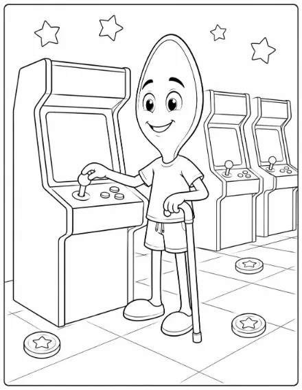 Coloring page: a spoon character with a cane playing an arcade machine, with tokens and stars around the room.