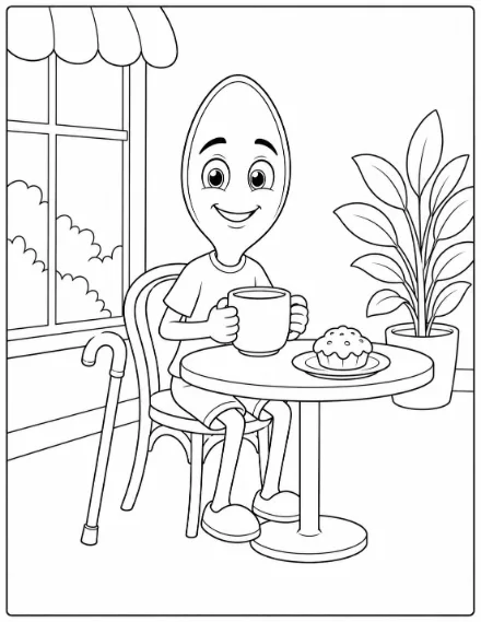 Coloring page: a spoon character seated at a cafe table with a mug of coffee and a muffin, a leafy plant, and a cane.