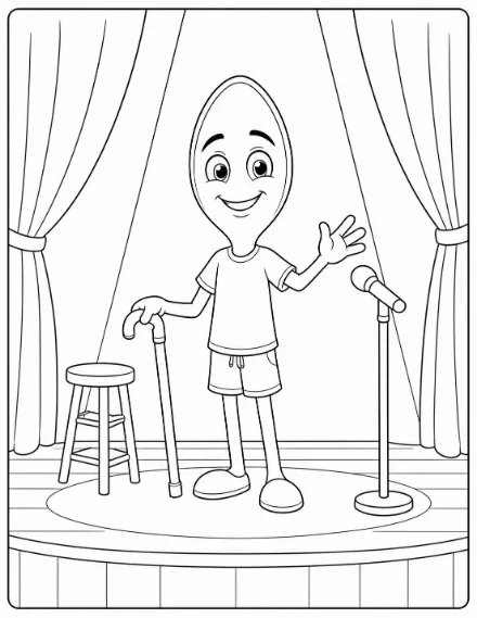 Coloring page: a smiling spoon character on a comedy stage with a microphone, stool, and stage curtains.