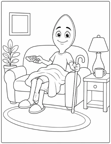 Coloring page: a spoon character resting on a couch under a blanket with a TV remote, a lamp, and a cane.