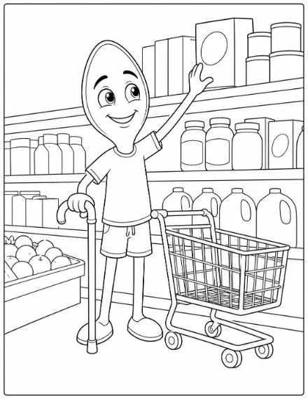 Coloring page: a spoon character with a cane and a shopping cart reaching a grocery shelf full of boxes and jars.