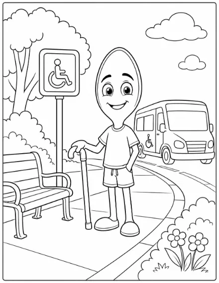 Coloring page: a spoon character with a cane at a sidewalk stop with a bench, an accessible-parking sign, and an accessible van.