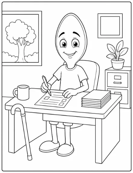 Coloring page: a spoon character at a desk with a pen, coffee mug, and a stack of forms, cane resting nearby.