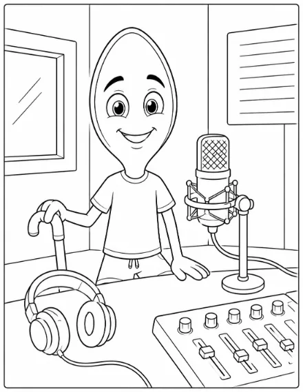 Coloring page: a spoon character in a radio studio with a microphone, headphones, and a mixing board.