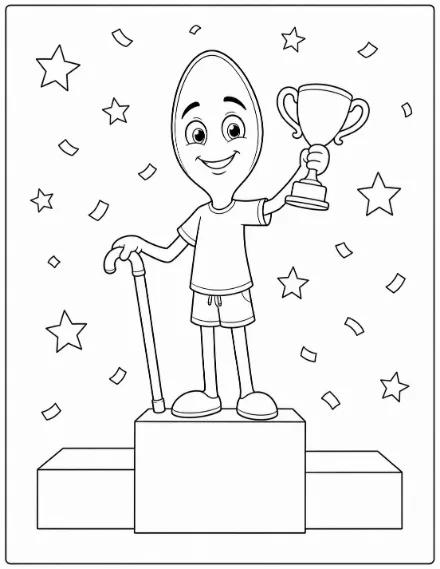 Coloring page: a spoon character with a cane on a winner's podium, holding a trophy with confetti and stars.