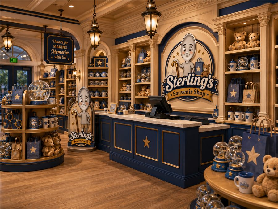 Souvenir Shop checkout counter with Sterling signs and display shelves.