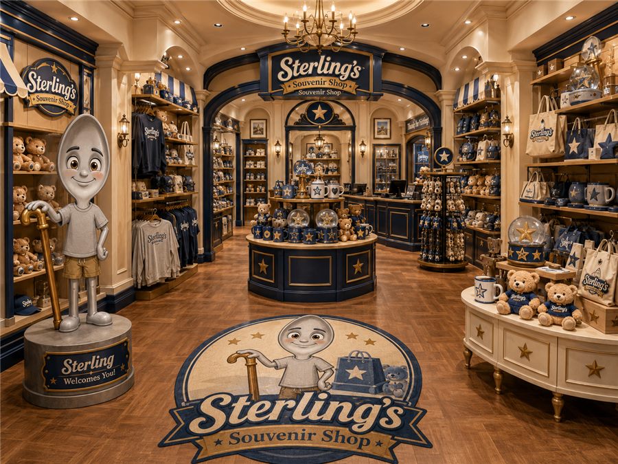 Warm interior of Sterling's Souvenir Shop with shelves of keepsakes.