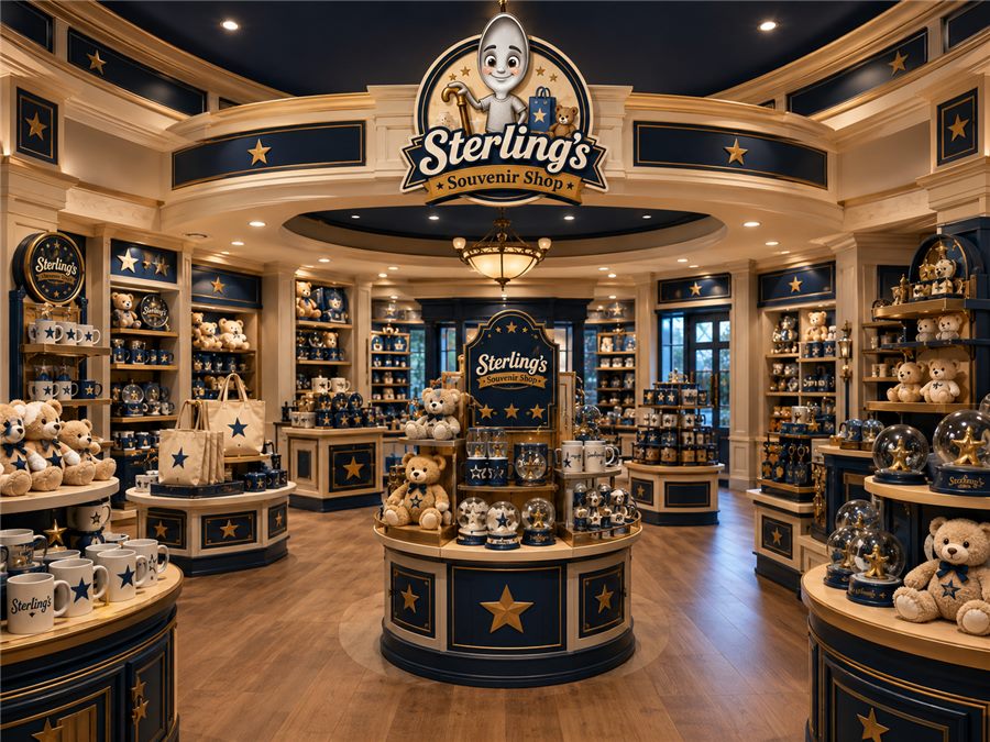 Wide view of Sterling's Souvenir Shop interior with displays and plush keepsakes.