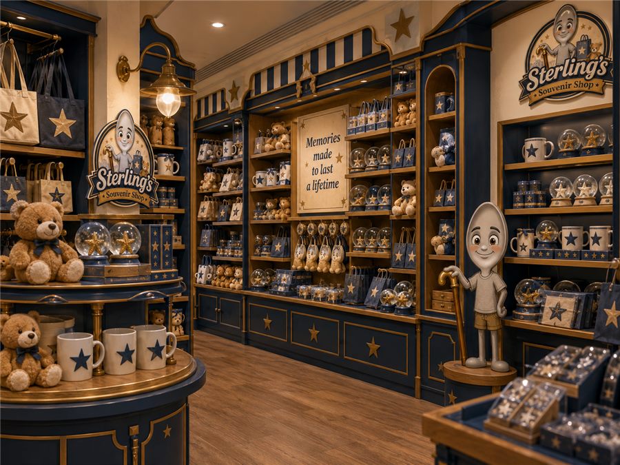 Shelves of Sterling-themed mugs, bears, bags, and snow globes.